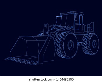 Contour of the bulldozer from the blue lines on a dark background. Vector illustration