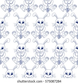 Contour bunny seamless pattern. The illustration depicts a bunny with carrot. This illustration is drawn with a pencil.