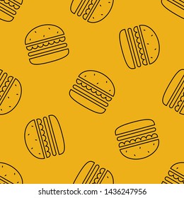 Contour burger vector seamless pattern illustration for packaging, wrapping paper. Classic American fast food hamburger, cheeseburger. Vector EPS 10.
