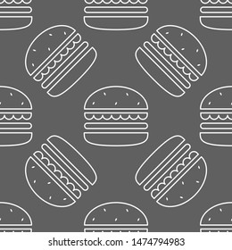 Contour burger vector seamless pattern illustration for packaging, wrapping paper. Classic American fast food hamburger, cheeseburger. Vector EPS 10.