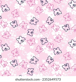 Contour butterflies pattern on calm pink background flower silhouettes