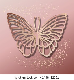 The contour of a butterfly with a golden gradient border on a pink background with sparkles. Vector.