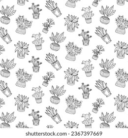 Contour cacti in a pattern.Vector seamless pattern with contour cacti in pots on a transparent background.