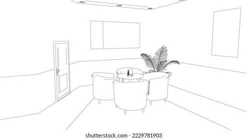 El contorno de la cafetería con mesas y recepción de líneas negras aisladas en un fondo blanco. Vista frontal. 3 D. Ilustración vectorial.