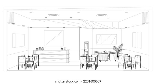 The contour of the cafe premises with tables and reception from black lines isolated on a white background. Front view. 3D. Vector illustration.