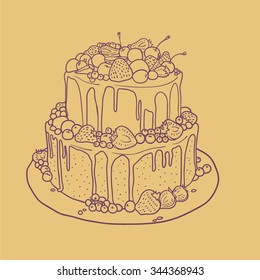 contour cake with strawberries, cherries, blueberries and chocolate isolated on a yellow background