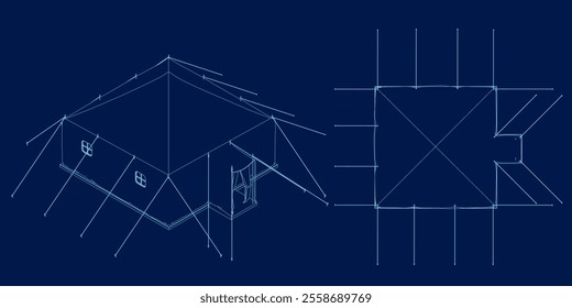 Contour camping tent set vector illustration. Isometric, top view