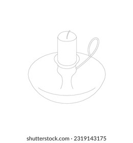 Contour Candle and Holder. Outline of the candlestick on white background. Old fashioned lit candle, candlestick on holder flat icon.
