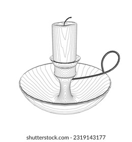 Contour Candle and Holder. Outline of the candlestick on white background. Old fashioned lit candle, candlestick on holder flat icon.