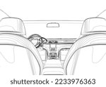 The contour of the car interior inside from black lines isolated on a white background. View from the back seat. 3D. Vector illustration.