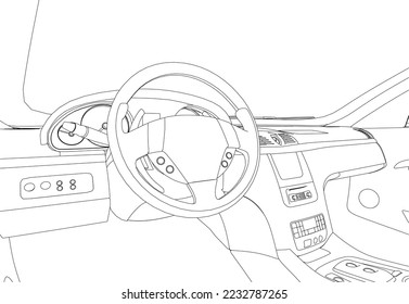 The contour the car interior inside from black lines isolated white background  View from the front seat  3D  Vector illustration 