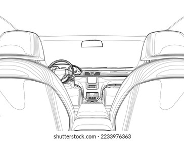 The contour the car interior inside from black lines isolated white background  View from the back seat  3D  Vector illustration 