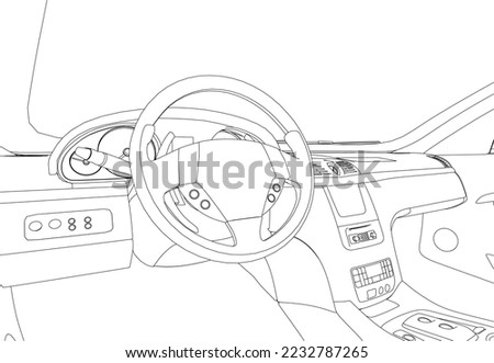 The contour of the car interior inside from black lines isolated on a white background. View from the front seat. 3D. Vector illustration.