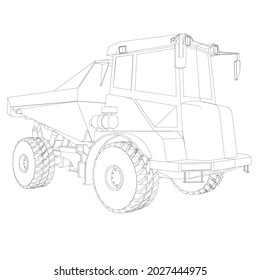 Contour of a cargo dump truck from black lines on a white background. Perspective view. Vector illustration.