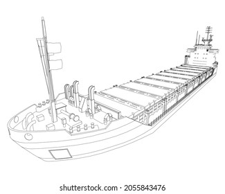 Contorno de un buque de carga para contenedores de líneas negras aislados en un fondo blanco. Vista de perspectiva. Ilustración del vector