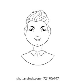 Contour cartoon boy face for coloring book. Vector kid avatar.