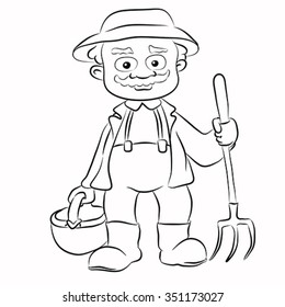 Contour of cartoon farmer with pitchfork and basket on isolated white background. Character design