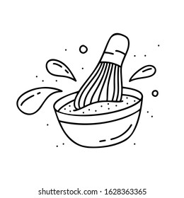 Contour cartoon picture. Inclined dish, black and white picture. Outline bowl with whisk and spray. Doodle illustration of matcha tea, whipping sauce or making dough. Hand drawn vector food icon