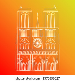 The contour of the Cathedral of Notre Dame de Paris against a red-yellow-orange fiery gradient. Terrible tragedy or in accident  France. A huge fire. Flat style. Vector illustration