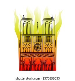 The contour of the Cathedral of Notre Dame de Paris on background of the flames. Terrible tragedy or in accident  France. A huge fire. Flat style. Vector illustration