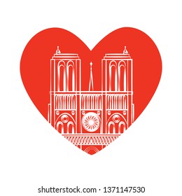 The contour of the Cathedral of Notre Dame de Paris on background of red heart. Symbol of France for cards, social networks, advertising, stickers. Flat linear style. Vector illustration. 
