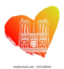 The contour of the Cathedral of Notre Dame de Paris on gradient background of red heart. Symbol of France for cards, social networks, advertising, stickers. Flat linear style. Vector illustration. 