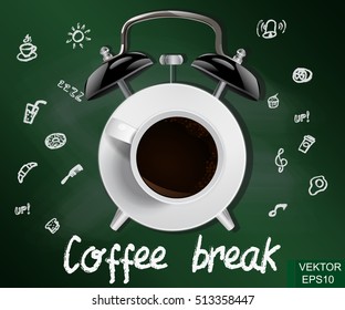 Contour. Chalk board. Alarm clock. Cup of coffee. Morning. Time. For your design.