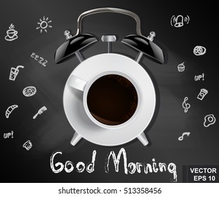 Contour. Chalk board. Alarm clock. Cup of coffee. Morning. Time. For your design.