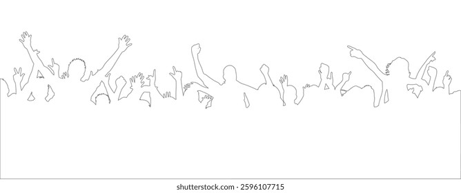 Contour of cheerful crowd people, crowd of people silhouette, happy young group party people together, cheerful fans, cheering crowd on concert or sport event