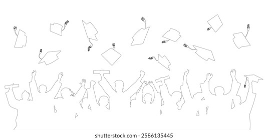 Contour of cheerful graduate students. Crowd of graduates in mantles, throws up the square academic caps. Vector illustration