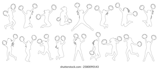 Contour of cheerleading dancers with pompoms. Vector illustration.