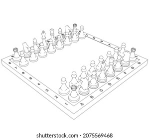 Contour of chess pieces on a chessboard from black lines isolated on a white background. Isometric view. 3D. Vector illustration