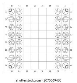 Contour of chess pieces on a chessboard from black lines isolated on a white background. View from above. 3D. Vector illustration