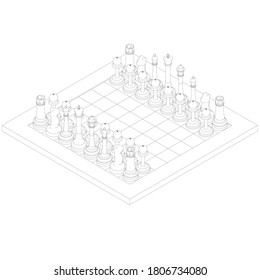 Contour of a chessboard with black lines on a white background. Isometric view. Vector illustration