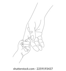 contour to the child holds the father by the finger in line art style, the concept of maternal Protection and Parental Care isolated on a white background, the mother holds the child's hand, tendernes