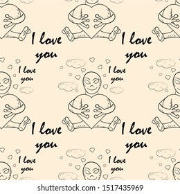 contour childrens illustration little alien hugs heart I love you drawing on notebook checkered greeting card design for Valentines day vector EPS 10