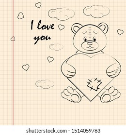 contour childrens illustration little bear hugs heart I love you drawing on notebook checkered greeting card design for Valentines day vector EPS 10