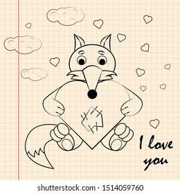 contour childrens illustration little Fox hugs heart I love you drawing on notebook checkered greeting card design for Valentines day vector EPS 10