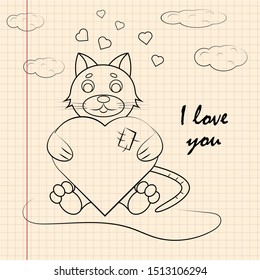 contour childrens illustration little kitten hugs heart I love you drawing on notebook checkered greeting card design for Valentines day vector EPS 10