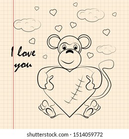 contour childrens illustration little monkey hugs heart I love you drawing on notebook checkered greeting card design for Valentines day vector EPS 10