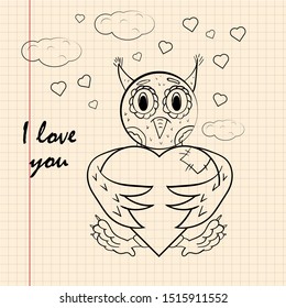 contour childrens illustration little owl hugs heart I love you drawing on notebook checkered greeting card design for Valentines day vector EPS 10