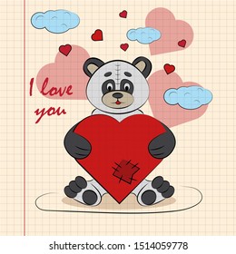 contour childrens illustration little Panda hugs heart I love you drawing on notebook checkered greeting card design for Valentines day vector EPS 10