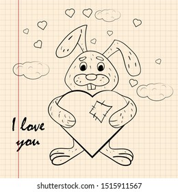 contour childrens illustration little rabbit hugs heart I love you drawing on notebook checkered greeting card design for Valentines day vector EPS 10