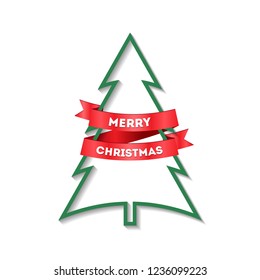 Contour Christmas tree with congratulations on the ribbon with Merry Christmas. Vector illustration