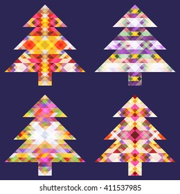 The contour of the Christmas tree, filled with colorful pattern of triangles. Vector. You can make a seamless background. Happy new year and merry Christmas. The decorative element.