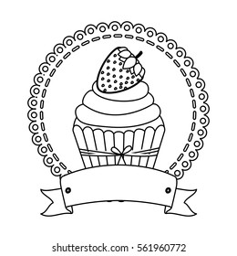contour circular border with cupcake with cream and strawberry