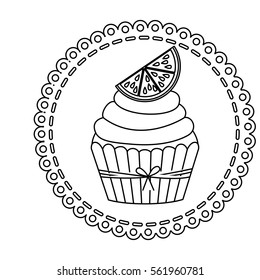 contour circular border with cupcake with cream and lemon