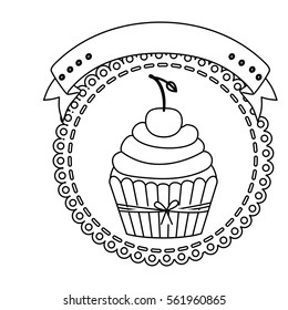 contour circular border with cupcake with cream and cherry