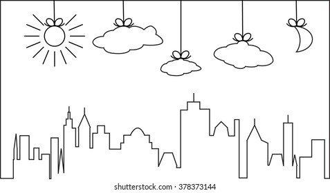 the contour city with clouds moon and sun illustration