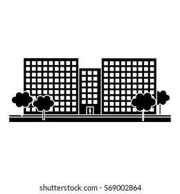 contour city scene and buildings with trees line sticker, vector illustration